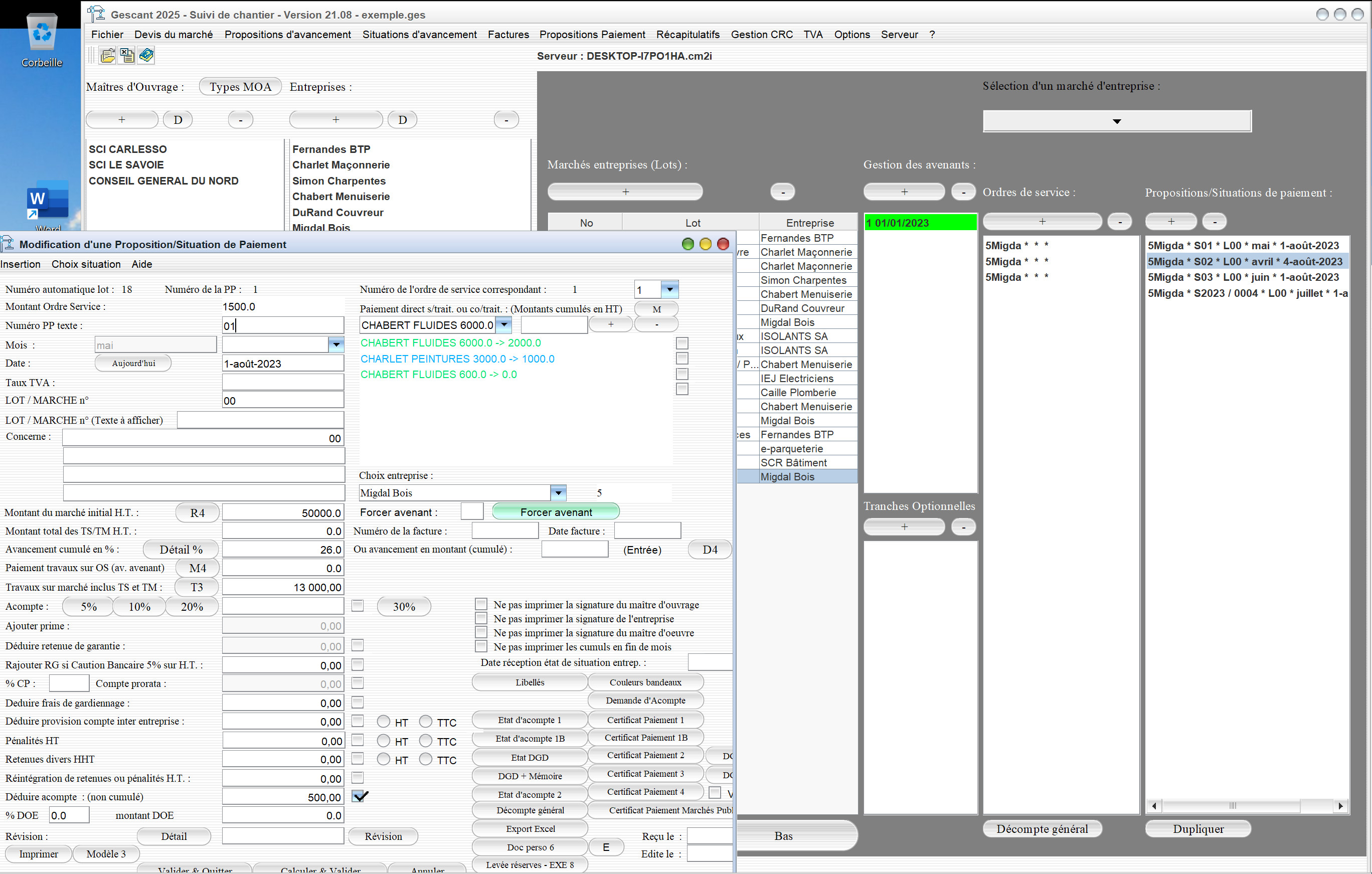 Capture du logiciel Gescant Mac et PC version 21.08 montrant l’amélioration de l’auto-liquidation de la TVA et de la gestion de la levée des réserves dans les situations pour le suivi de chantier en maîtrise d’œuvre