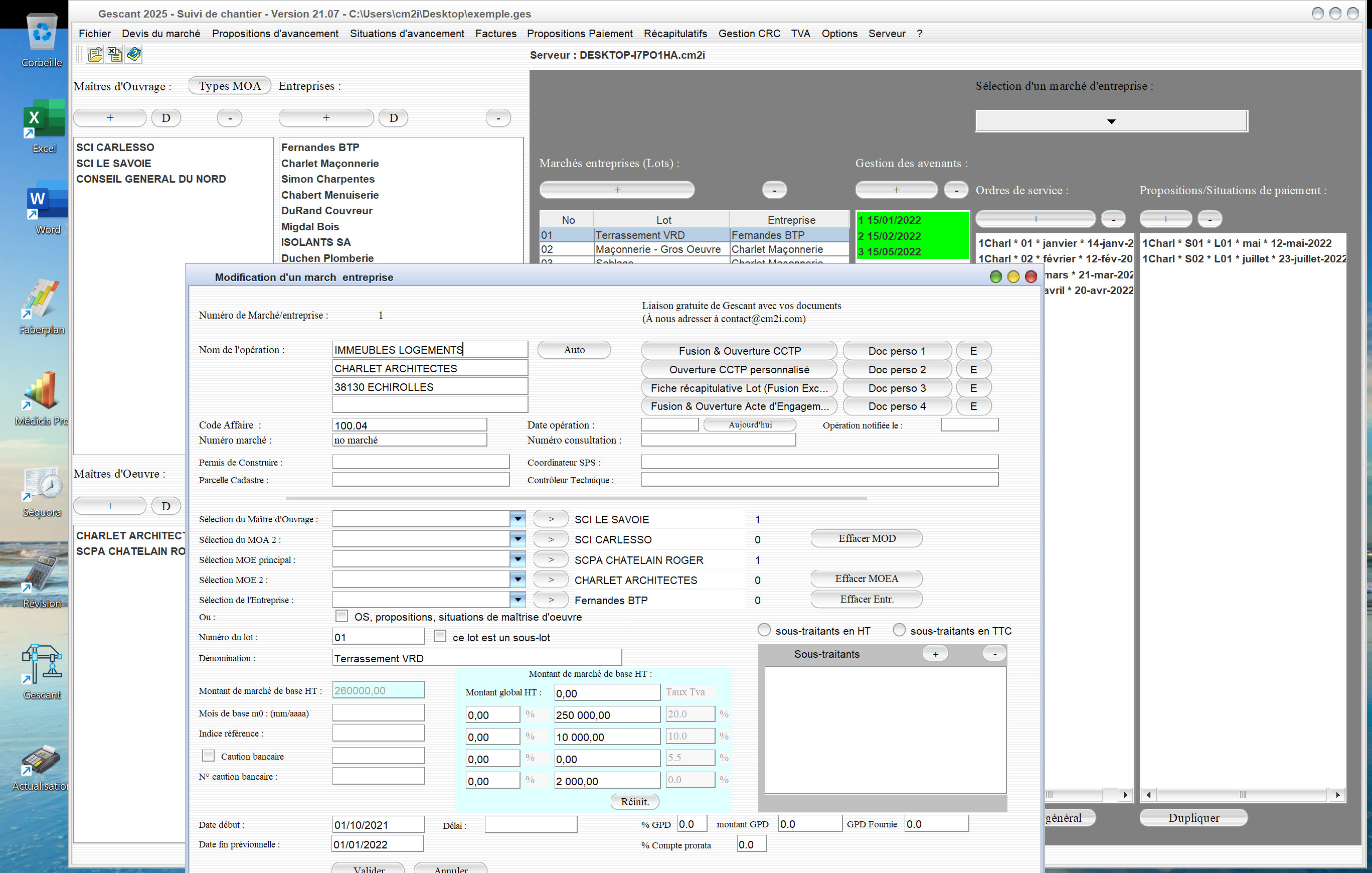 Capture du logiciel Gescant Mac et PC version 21.07 montrant l’amélioration de la sélection des maîtres d’œuvre des lots et marchés pour le suivi de chantier