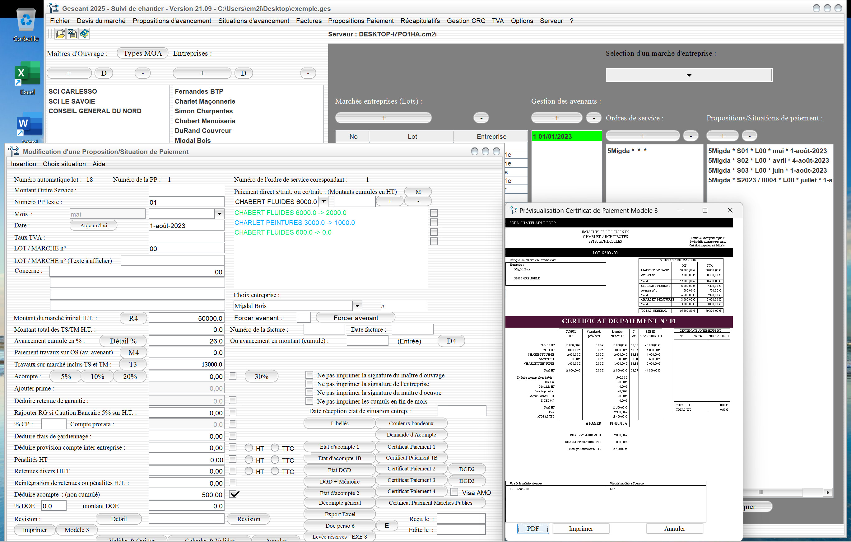 Capture du logiciel Gescant Mac et PC version 21.09 montrant la nouvelle gestion des paiements de travaux sur le certificat de paiement modèle 3 pour le suivi de chantier en maîtrise d’œuvre