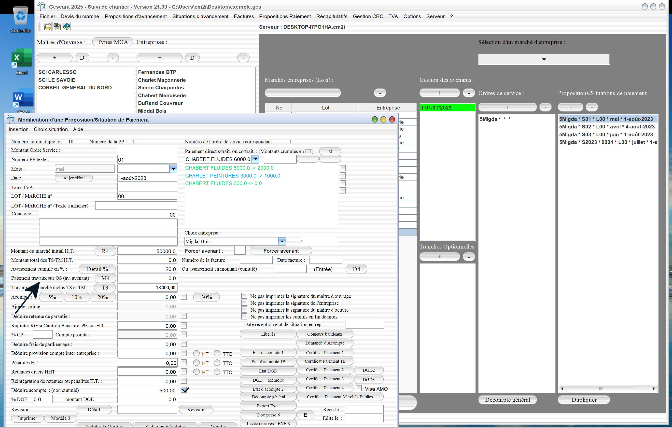 Capture du logiciel Gescant Mac et PC version 21.09 illustrant la nouvelle gestion des paiements de travaux sur ordres de service dans les situations pour le suivi de chantier en maîtrise d’œuvre