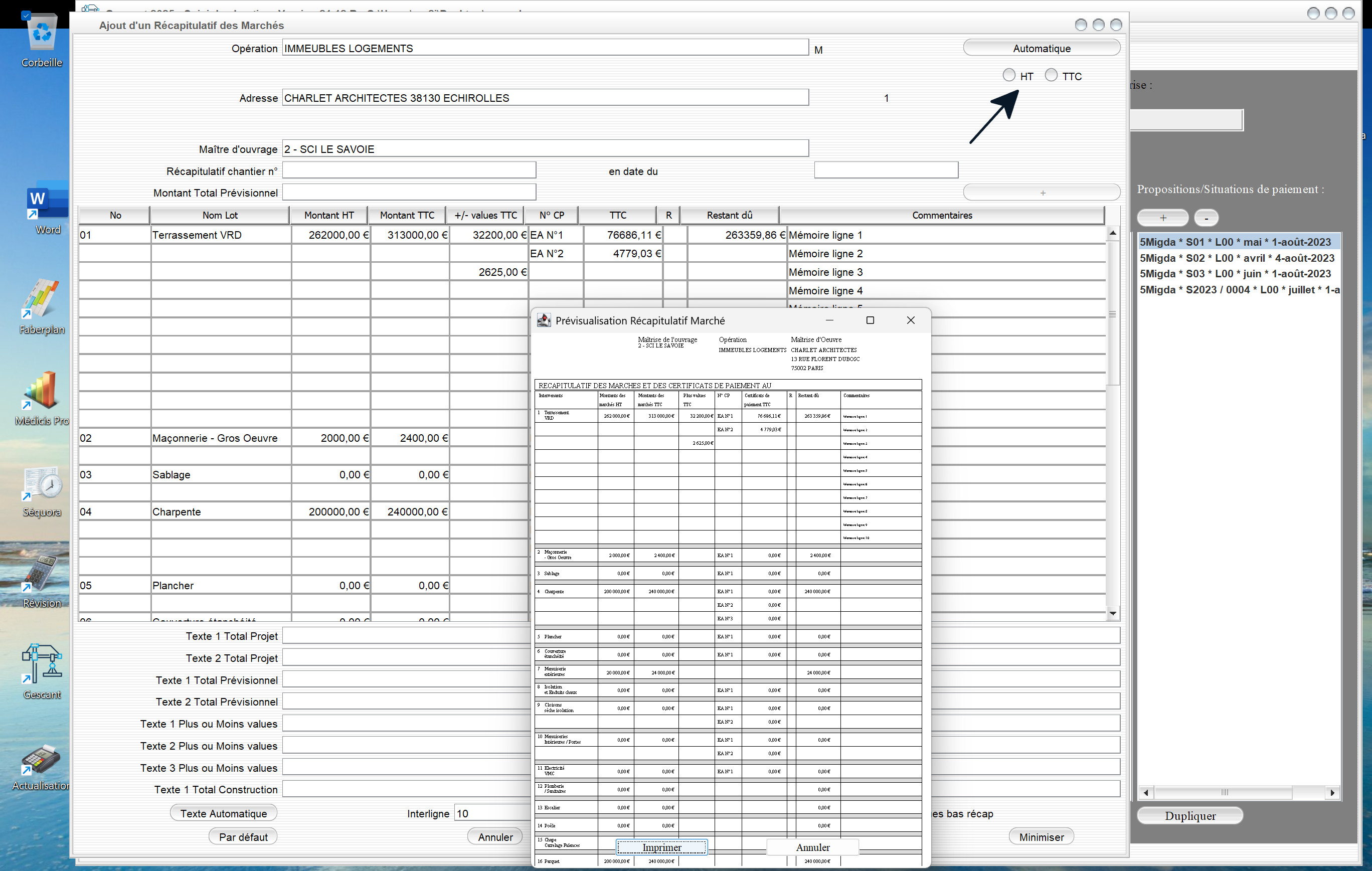 Capture du logiciel Gescant Mac et PC version 21.12 illustrant la nouvelle possibilité de permutation HT/TTC dans les récapitulatifs globaux des marchés pour le suivi de chantier en maîtrise d’œuvre