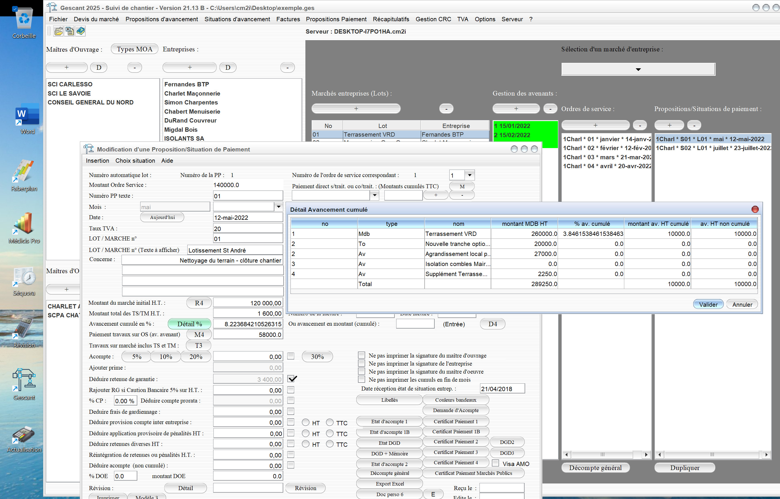 Capture du logiciel Gescant Mac et PC version 21.13 illustrant l’amélioration de la gestion du marché de base dans les situations et de l’autoliquidation de la TVA pour le suivi de chantier en maîtrise d’œuvre