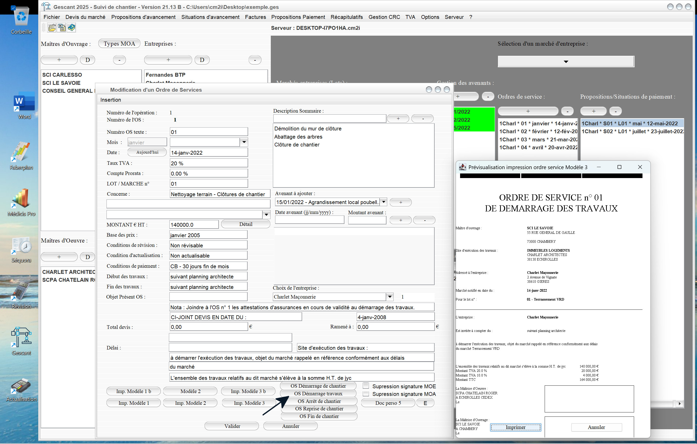 Capture du logiciel Gescant Mac et PC version 21.13 présentant le nouveau modèle d’ordre de service pour le démarrage des travaux dans le suivi de chantier en maîtrise d’œuvre