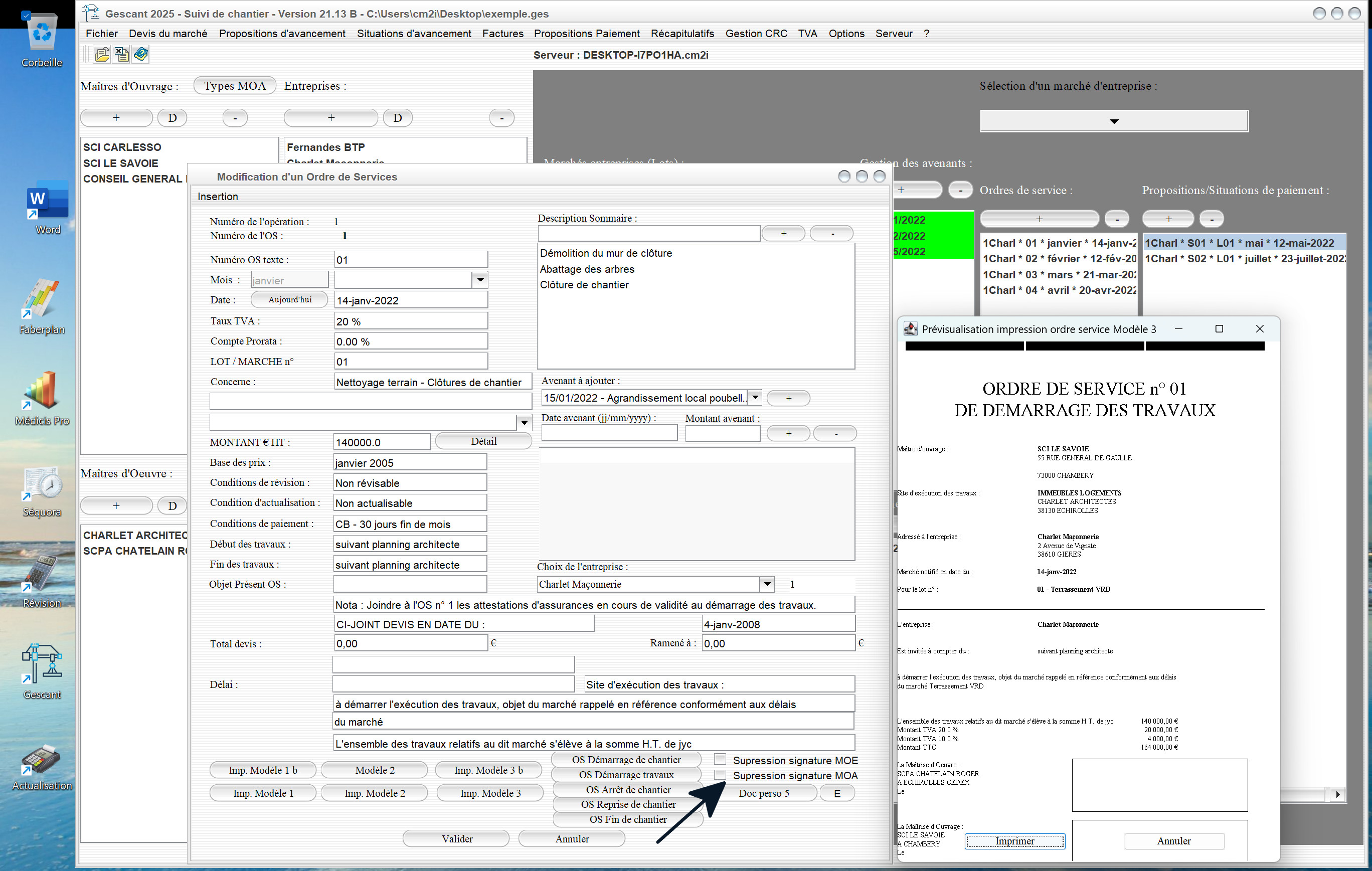 Capture du logiciel Gescant Mac et PC version 21.13 montrant la nouvelle possibilité de suppression de la signature du maître d’ouvrage dans 4 modèles d’ordres de service pour le suivi de chantier en maîtrise d’œuvre
