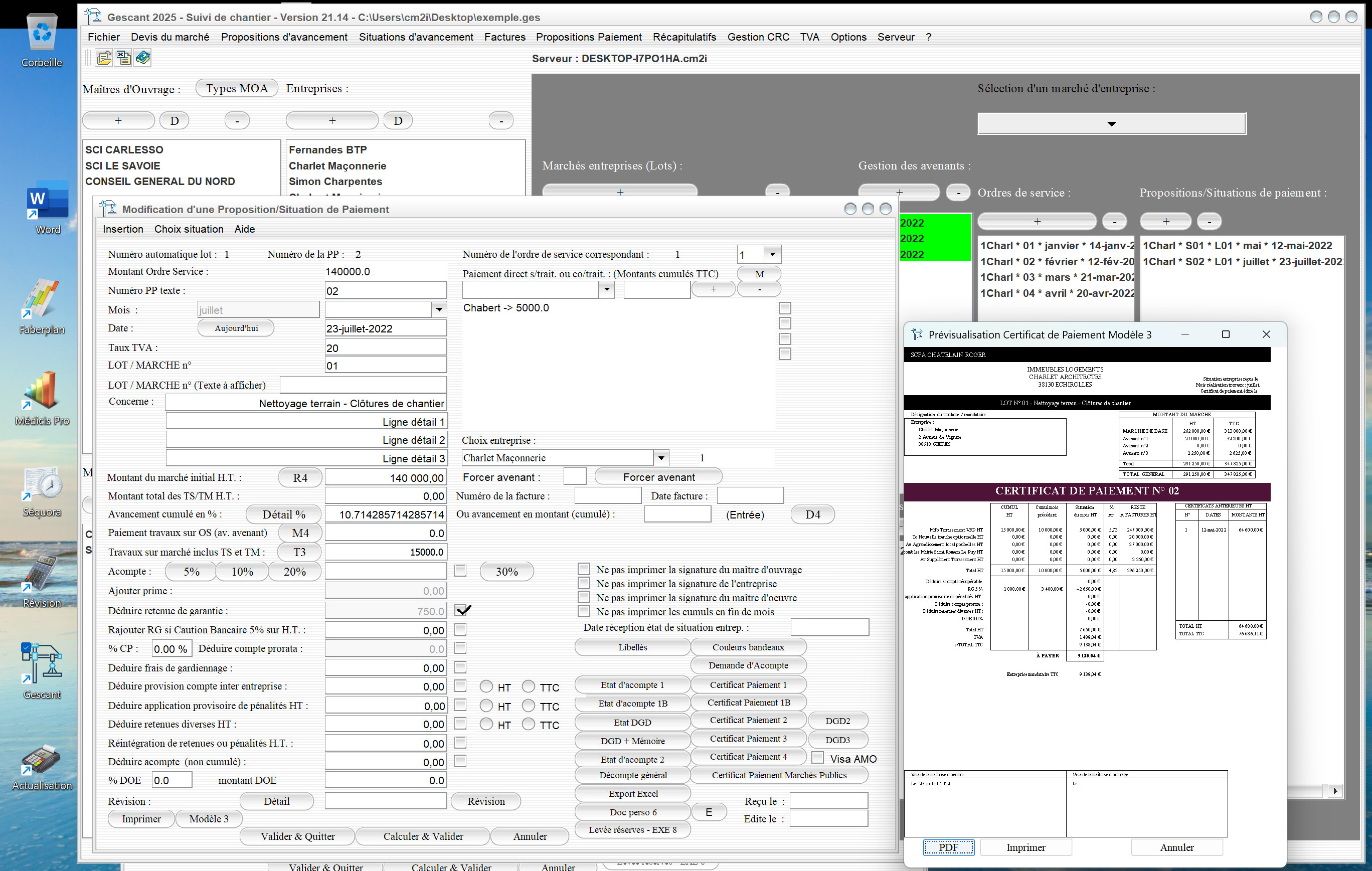 Capture du logiciel Gescant Mac et PC version 21.14 illustrant l’amélioration du modèle 3 de certificat de paiement dans les situations pour le suivi de chantier en maîtrise d’œuvre