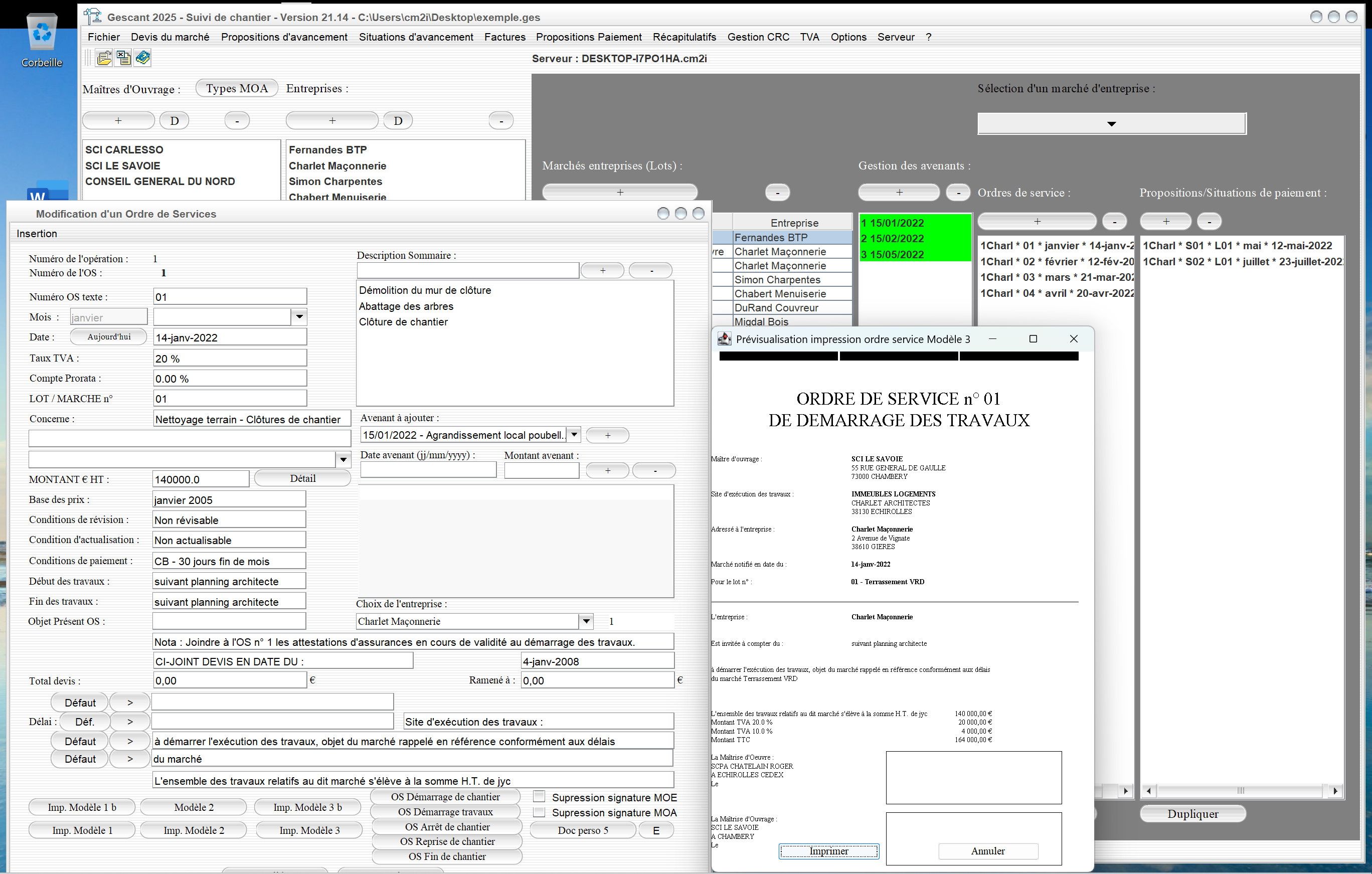 Capture du logiciel Gescant Mac et PC version 21.14 montrant l’amélioration du nouveau modèle d’ordre de service pour le démarrage des travaux dans le suivi de chantier en maîtrise d’œuvre