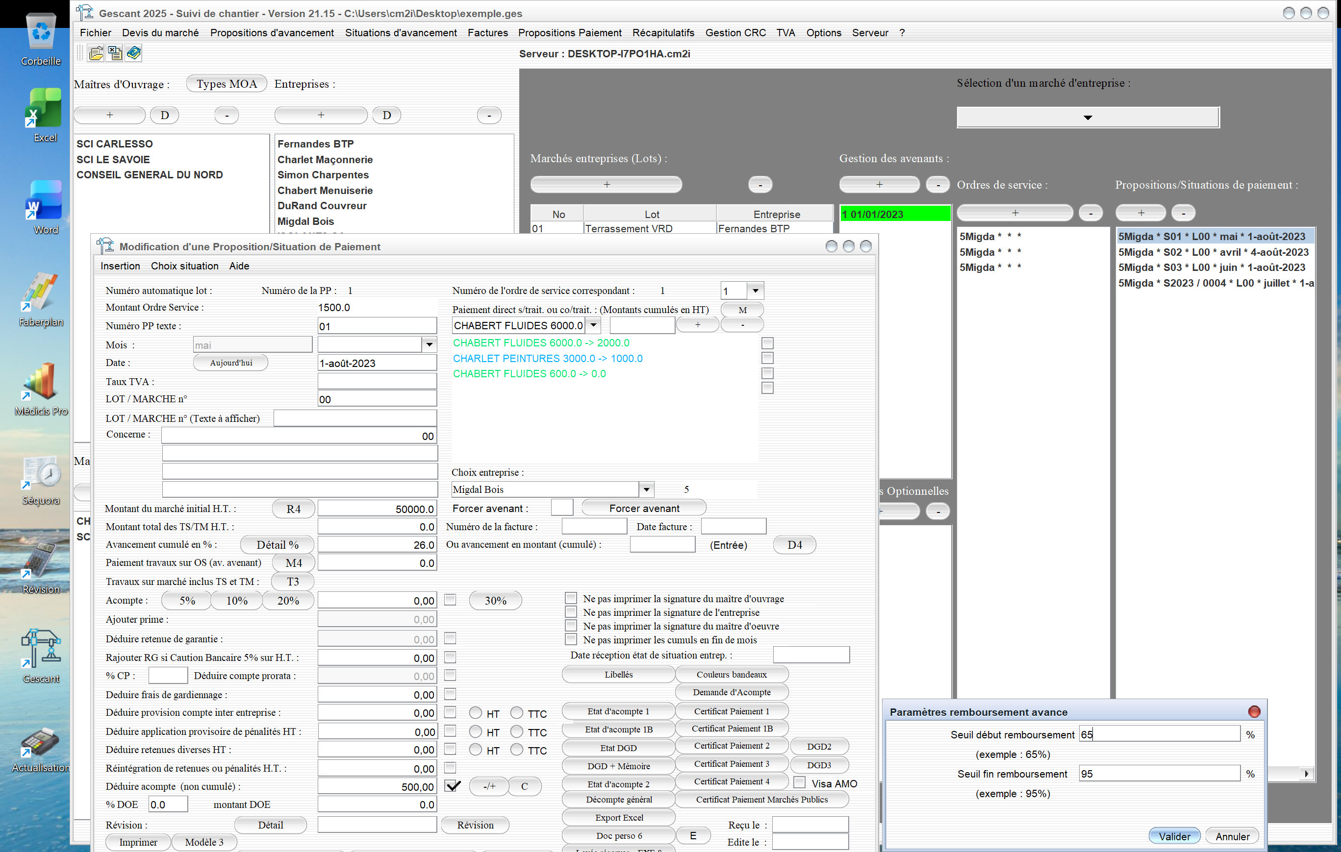 Capture d'écran de la fonctionnalité de nouveau calcul automatique du montant remboursement avance de suivi de chantier dans le logiciel de maîtrise d'œuvre pour Mac et PC, version v2115, destiné aux architectes et professionnels de la maîtrise d'œuvre