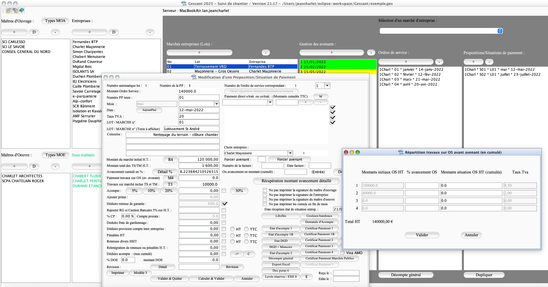Capture du logiciel Gescant version 21.17 montrant la gestion de l’avancement sur ordre de service dans le suivi de chantier en maîtrise d’œuvre