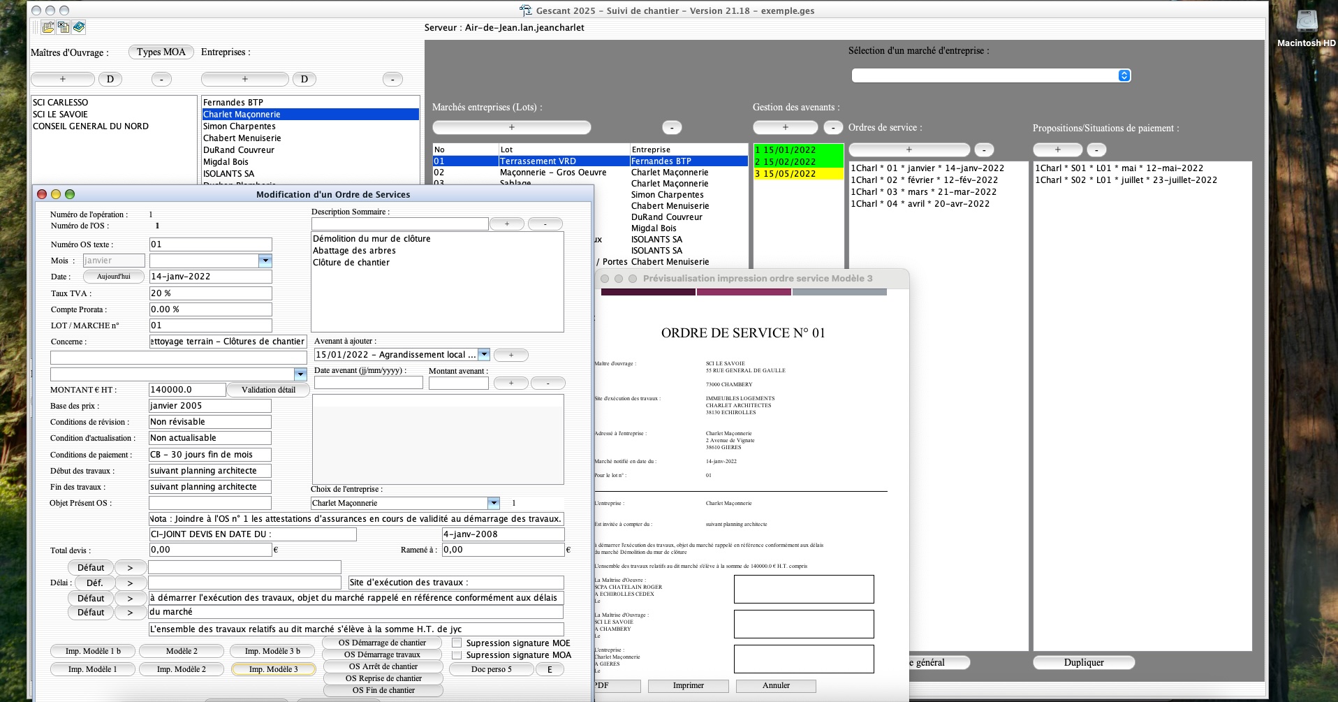 Capture d'écran de la nouvelle fonctionnalité de PDF automatique modèle 3 pour les ordres de service dans le logiciel de suivi de chantier Gescant, version 2118, destiné aux architectes et professionnels de la maîtrise d'œuvre