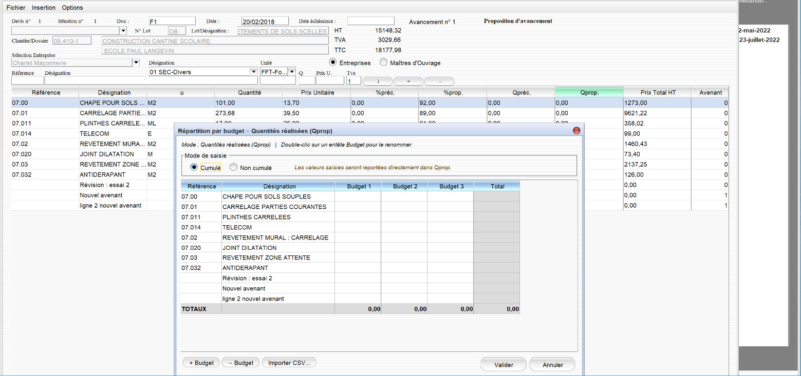 Capture d'écran du nouvel import par budget ou lieu d'exécution des quantités réalisées dans le logiciel de suivi de chantier Gescant pour Mac et PC, version 2203, destiné aux architectes et professionnels de la maîtrise d'œuvre