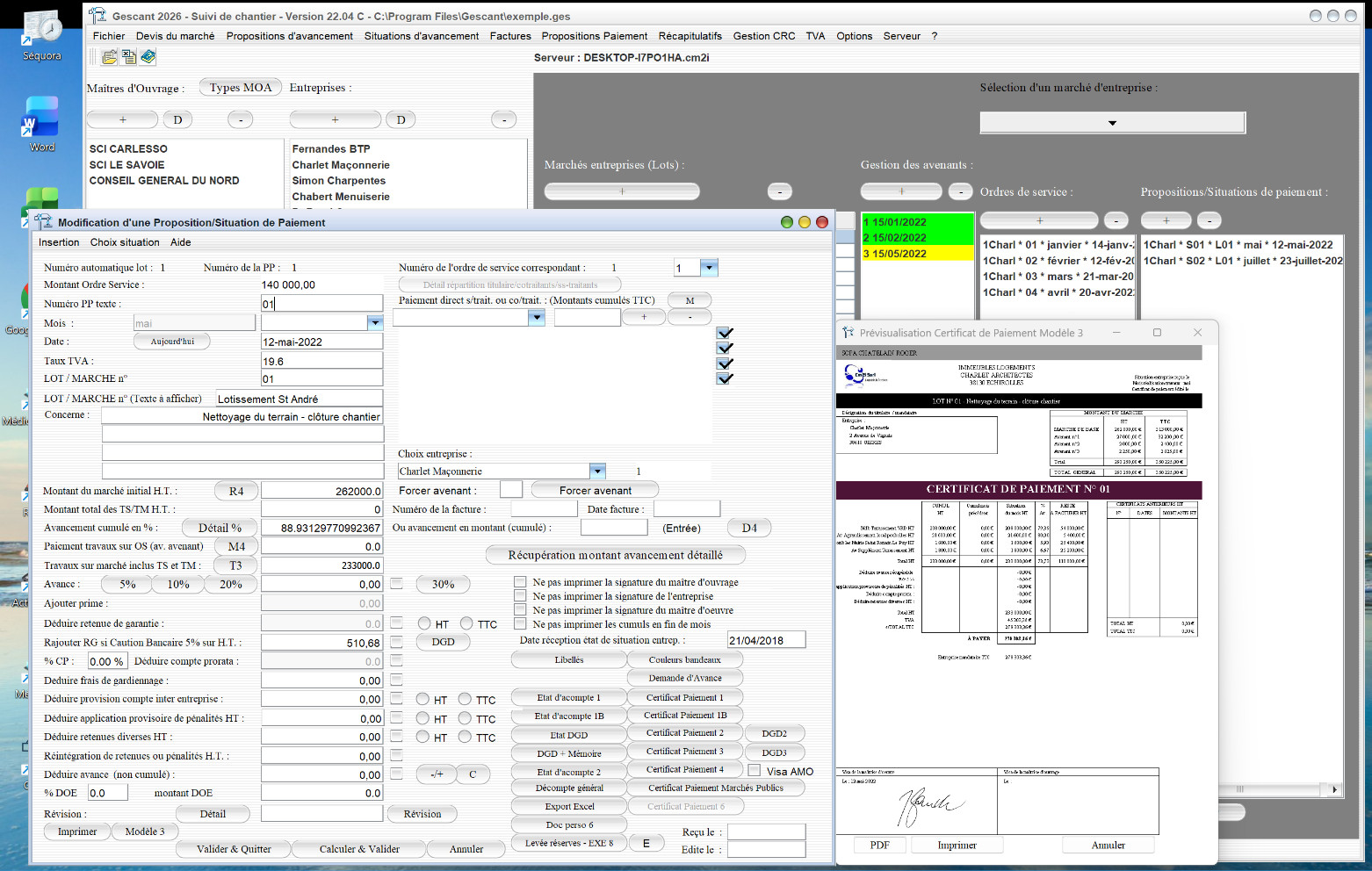 Capture d'écran de l'amélioration du modèle 3 de certificat de paiement dans le logiciel de suivi de chantier Gescant pour Mac et PC, version 2204, destiné aux architectes et professionnels de la maîtrise d'œuvre