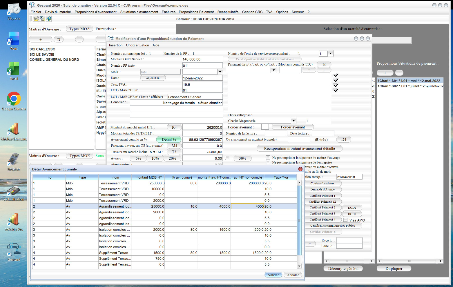 Capture d'écran de la nouvelle gestion multi-TVA des avancements dans le logiciel de suivi de chantier Gescant pour Mac et PC, version 2204, destiné aux architectes et professionnels de la maîtrise d'œuvre
