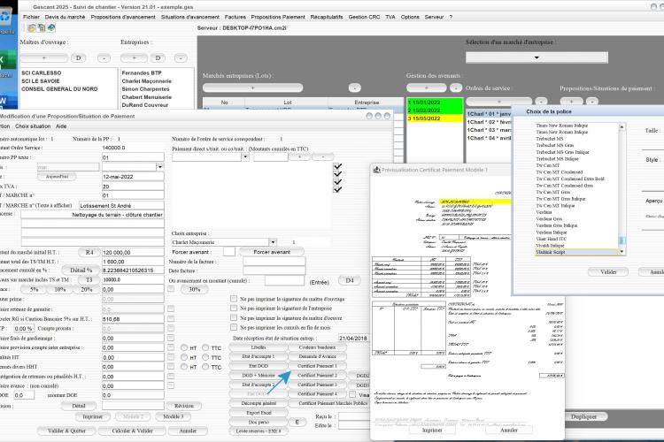 nouveau choix de police sur le modèle 1 de certificat de paiement du logiciel de suivi de chantier Gescant 2025 Mac et PC v21.01