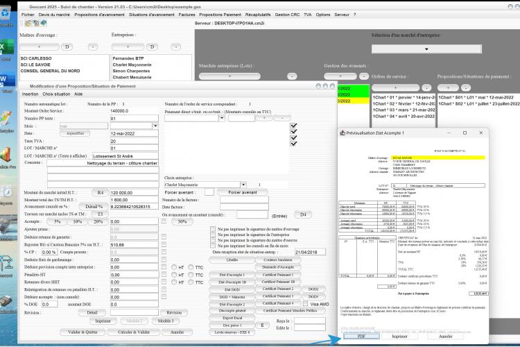 nouveau pdf automatique état d'acompte 1 du logiciel de suivi de chantier Gescant 2025 mac et pc v21.03 