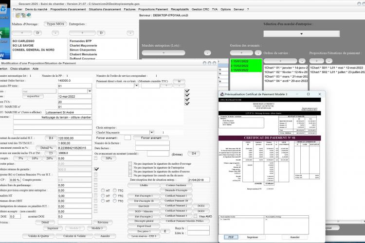 Capture du logiciel Gescant Mac et PC version 21.07 montrant l’amélioration du modèle 3 du certificat de paiement pour le suivi de chantier en maîtrise d’œuvre