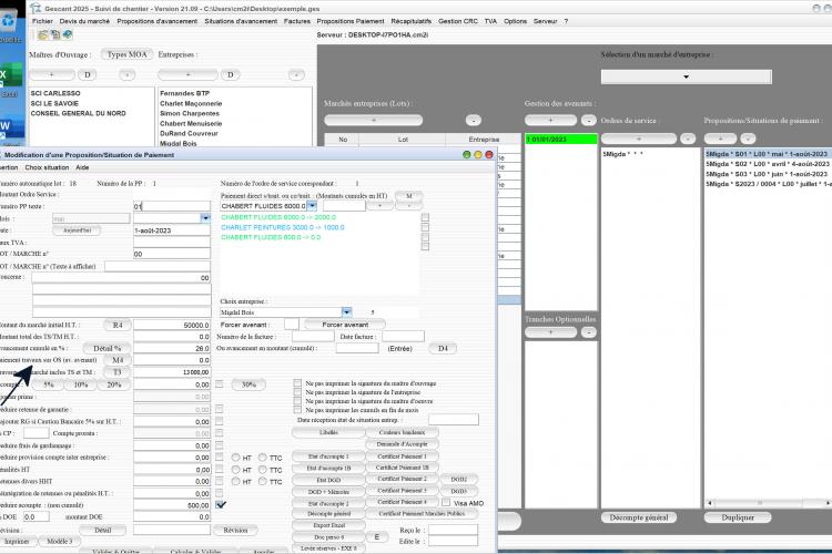 Capture du logiciel Gescant Mac et PC version 21.09 illustrant la nouvelle gestion des paiements de travaux sur ordres de service dans les situations pour le suivi de chantier en maîtrise d’œuvre