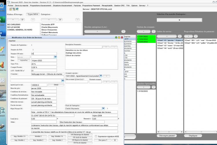 Capture du logiciel Gescant Mac et PC version 21.11 illustrant l’amélioration de la gestion des ordres de service pour le suivi de chantier en maîtrise d’œuvre