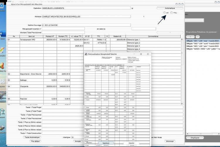 Capture du logiciel Gescant Mac et PC version 21.12 illustrant la nouvelle possibilité de permutation HT/TTC dans les récapitulatifs globaux des marchés pour le suivi de chantier en maîtrise d’œuvre