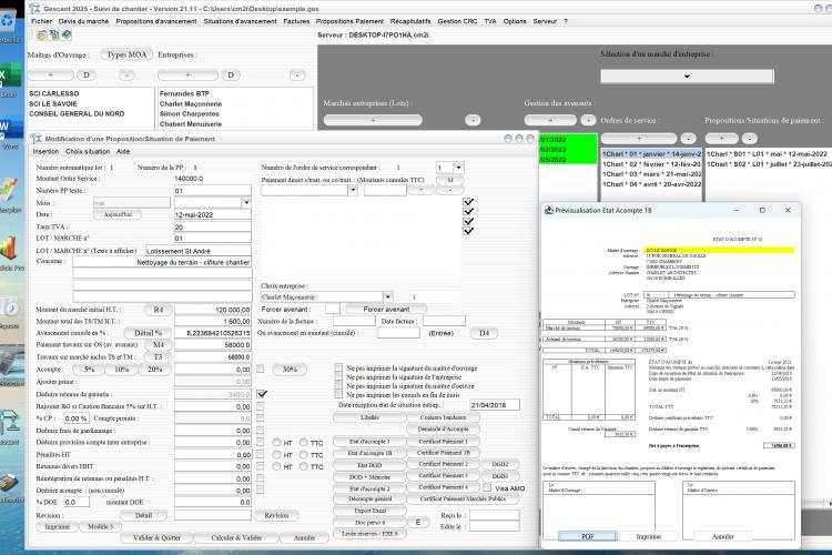 Capture du logiciel Gescant Mac et PC version 21.11 montrant la nouvelle possibilité de générer l’état d’acompte 1B sans signature pour le suivi de chantier en maîtrise d’œuvre