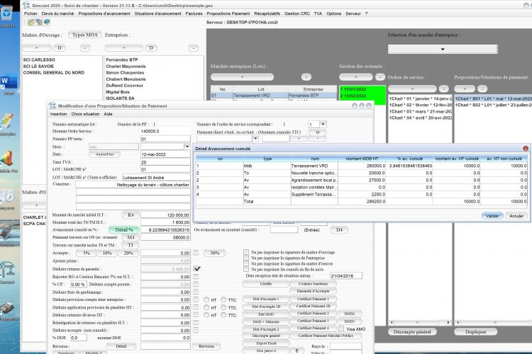 Capture du logiciel Gescant Mac et PC version 21.13 illustrant l’amélioration de la gestion du marché de base dans les situations et de l’autoliquidation de la TVA pour le suivi de chantier en maîtrise d’œuvre