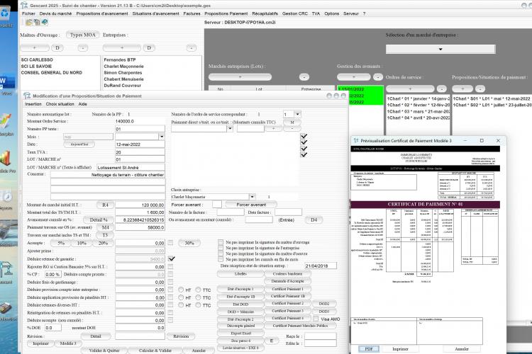 Capture du logiciel Gescant Mac et PC version 21.13 montrant l’amélioration du modèle de certificat de paiement 3 dans les situations pour le suivi de chantier en maîtrise d’œuvre