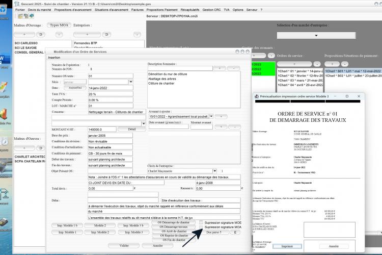 Capture du logiciel Gescant Mac et PC version 21.13 montrant la nouvelle possibilité de suppression de la signature du maître d’ouvrage dans 4 modèles d’ordres de service pour le suivi de chantier en maîtrise