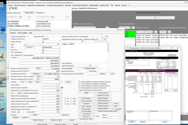 Capture du logiciel Gescant Mac et PC version 21.14 illustrant l’amélioration du modèle 3 de certificat de paiement dans les situations pour le suivi de chantier en maîtrise d’œuvre