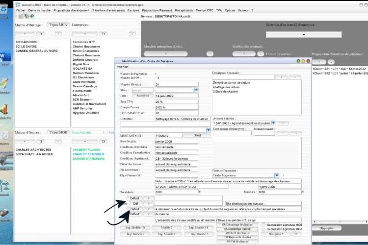 Capture du logiciel Gescant Mac et PC version 21.14 illustrant la nouvelle gestion des textes par défaut pour les ordres de service de démarrage des travaux en maîtrise d’œuvre