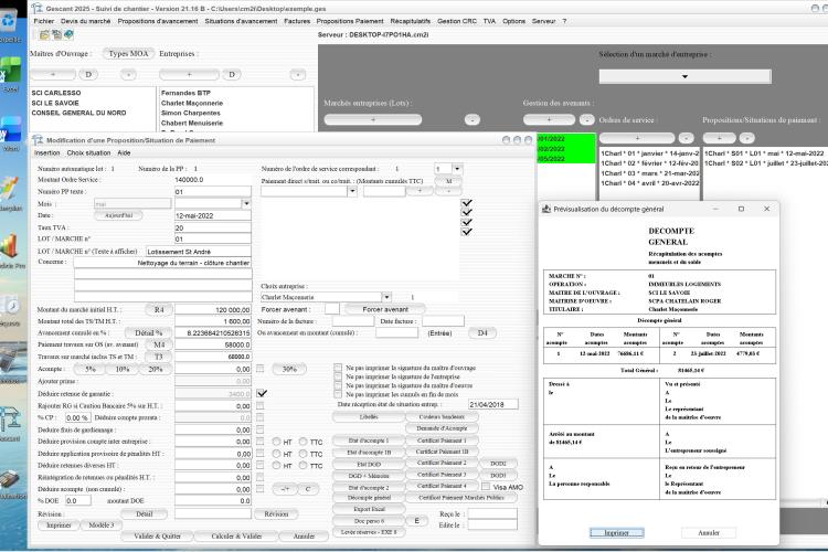 Capture du logiciel Gescant Mac et PC version 21.16 illustrant l’amélioration du décompte général des acomptes par lots pour le suivi de chantier en maîtrise d’œuvre