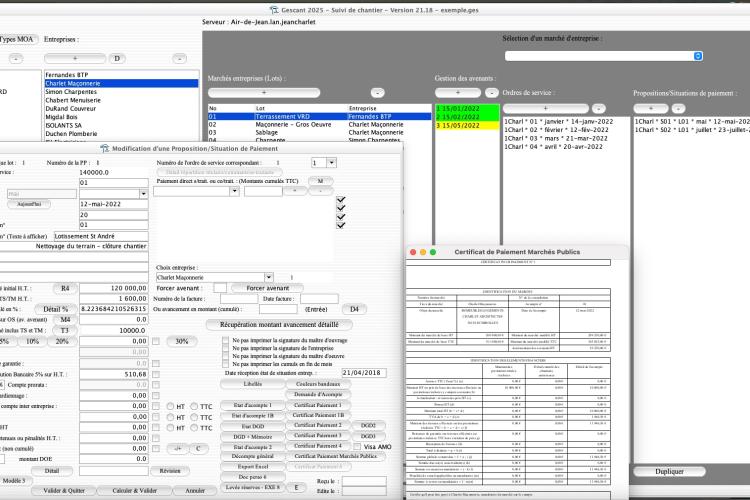 Capture d'écran de l'amélioration du certificat de marchés publics dans le logiciel de suivi de chantier Gescant, version 2118, destiné aux architectes et professionnels de la maîtrise d'œuvre