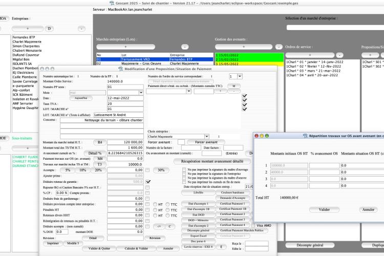 Capture du logiciel Gescant version 21.17 montrant la gestion de l’avancement sur ordre de service dans le suivi de chantier en maîtrise d’œuvre