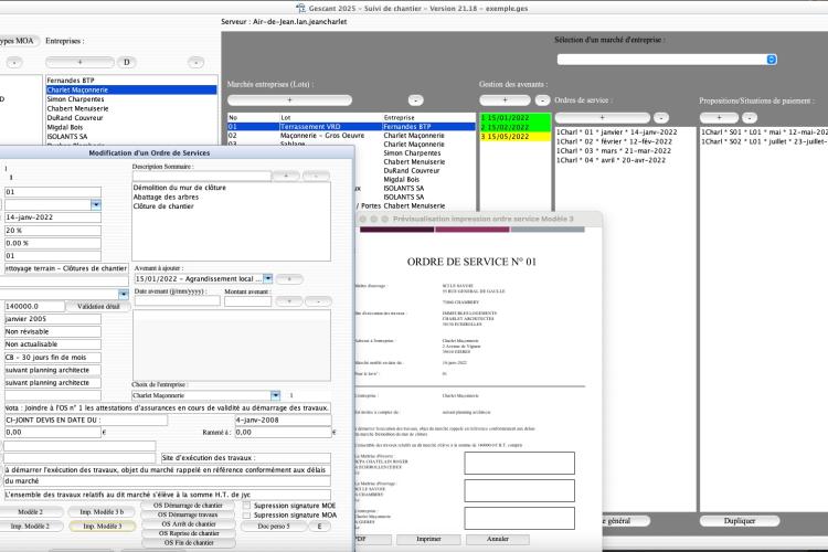 Capture d'écran de la nouvelle fonctionnalité de PDF automatique modèle 3 pour les ordres de service dans le logiciel de suivi de chantier Gescant, version 2118, destiné aux architectes et professionnels de la maîtrise d'œuvre